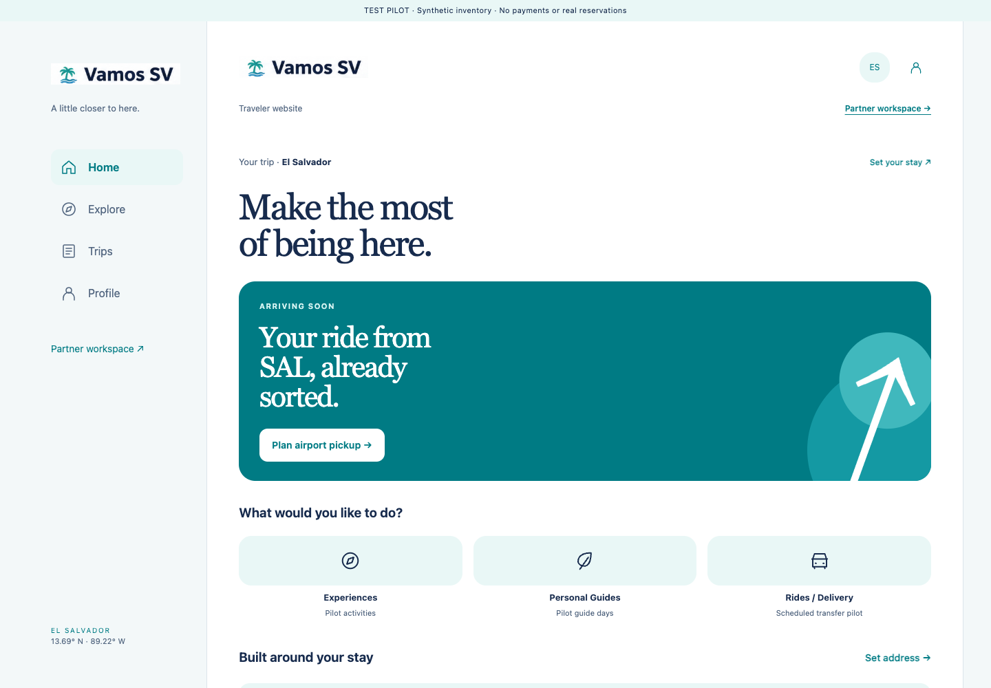 Early Vamos SV traveler app concept showing local experiences and airport transport discovery; all demo content is synthetic.