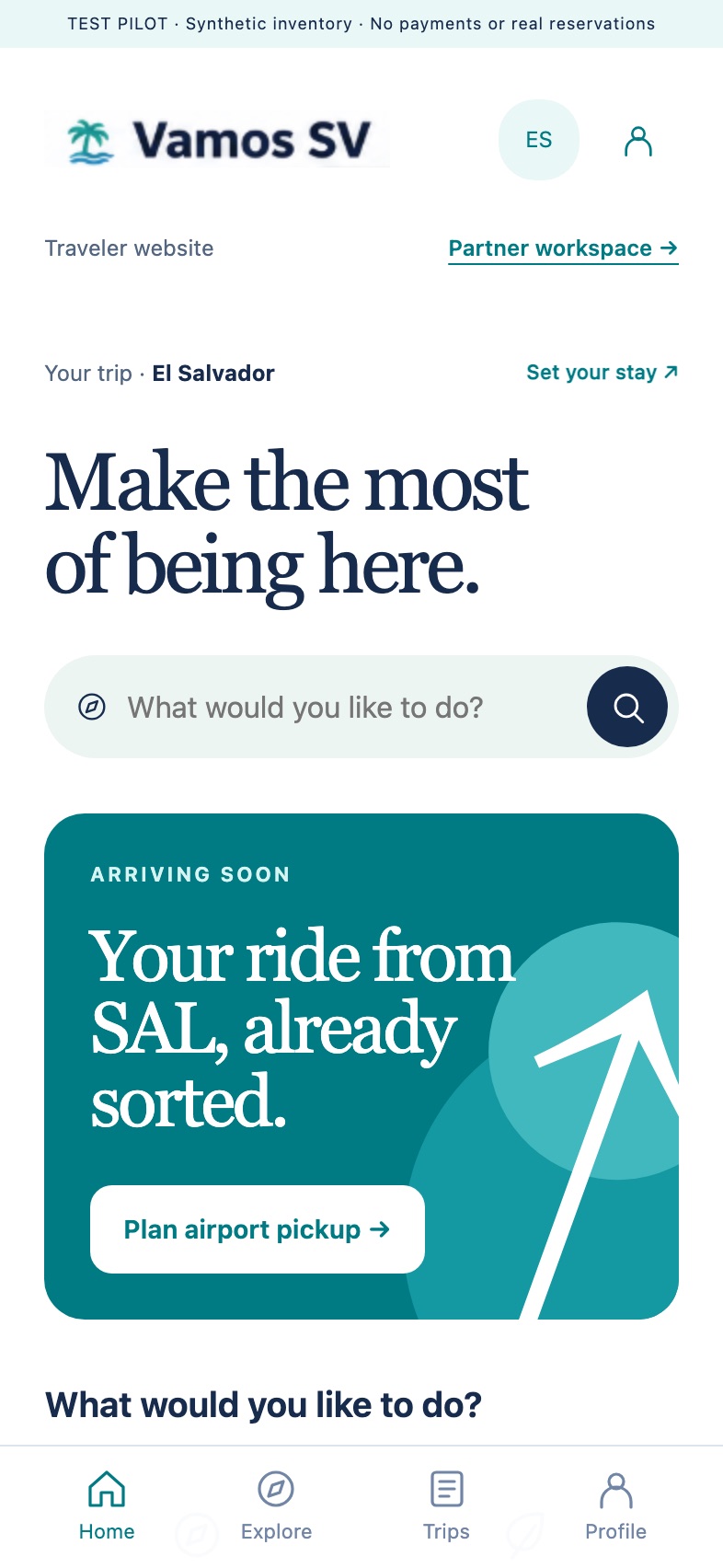 Early Vamos SV traveler app home screen on a phone, with search and an airport pickup card; all demo content is synthetic.